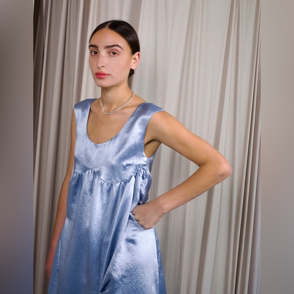 Collina Strada Dara Light Blue Satin Midi Dress Drapey Asymmetric Avant Garde - Picture 7 of 16